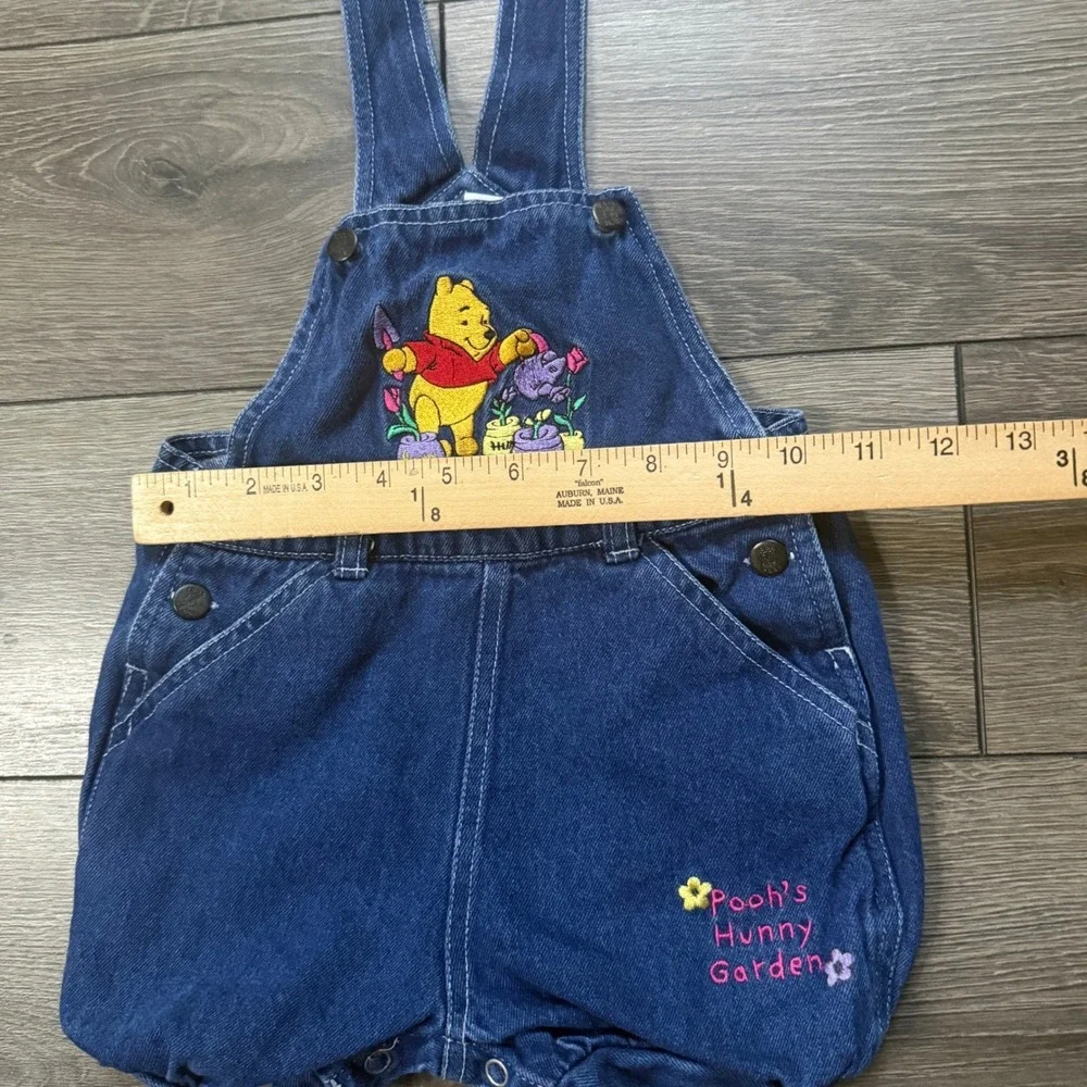 Vintage Disney Winnie the Pooh Denim Shortalls 18M Snap Bottom Y2K Embroidered